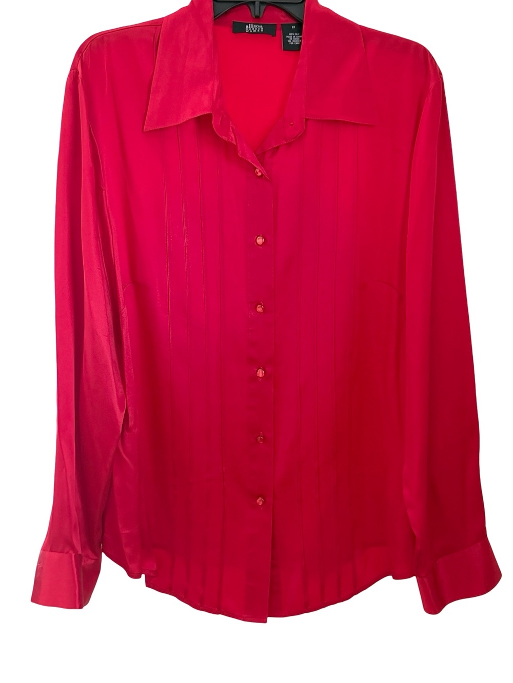 100% Silk Vintage Allison Morgan RedButton-Down Pleated Blouse